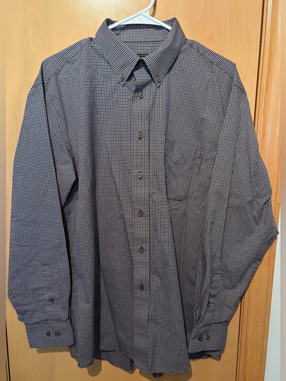 Jos. A. Bank men's long-sleeve dress shirt, navy & brown check pattern Large